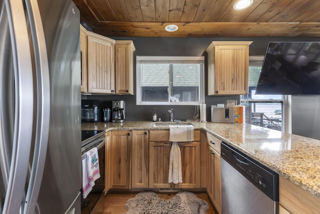 3974 W Houghton Lake Dr, Houghton Lake, MI 48629 - kitchen with stainless steel appliances, wooden ceiling, plenty of natural light, wood finished floors, and light stone countertops
