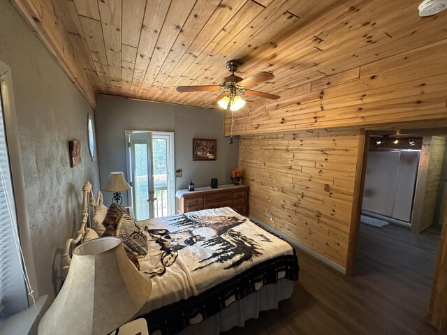 5127 Crestwood Rd, Lewiston, MI 49756 - bedroom featuring wood finished floors, access to outside, wood ceiling, wood walls, and a ceiling fan