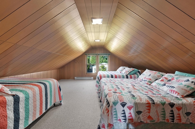 12328 W Shore Dr, Houghton Lake, MI 48629 - bedroom featuring carpet, a baseboard radiator, vaulted ceiling, and wooden walls