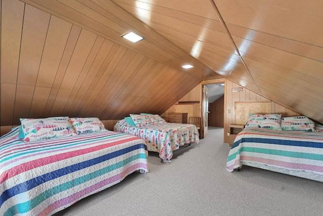 12328 W Shore Dr, Houghton Lake, MI 48629 - bedroom featuring carpet flooring, lofted ceiling, and wood walls