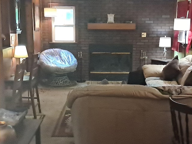 379 E Clarence Rd, Harrison, MI 48625 - living area with a fireplace, carpet, and brick wall