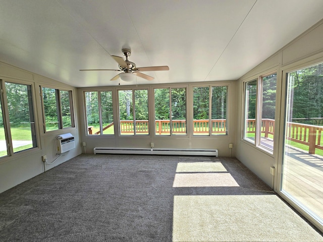 N705 Woods Rd, Saint Ignace, MI 49781 - unfurnished sunroom with a ceiling fan, carpet, a wall unit AC, and vaulted ceiling