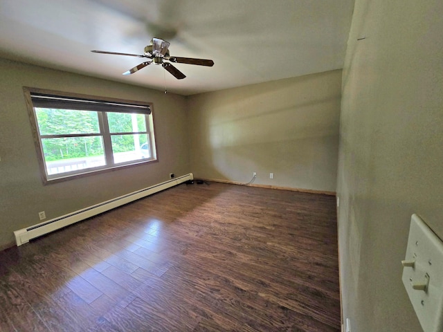 N705 Woods Rd, Saint Ignace, MI 49781 - spare room featuring a baseboard radiator, dark wood finished floors, and ceiling fan