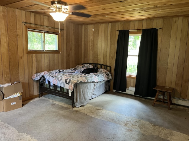 2359 Watson Hills Trl, Vanderbilt, MI 49795 - bedroom featuring multiple windows, wooden ceiling, unfinished concrete flooring, wood walls, and ceiling fan