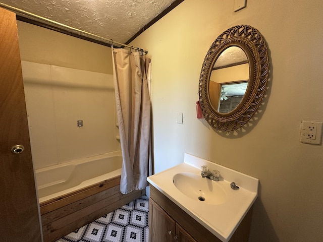 4974 Meridian Line Rd, Johannesburg, MI 49751 - bathroom featuring a textured ceiling, shower / bath combination with curtain, and vanity