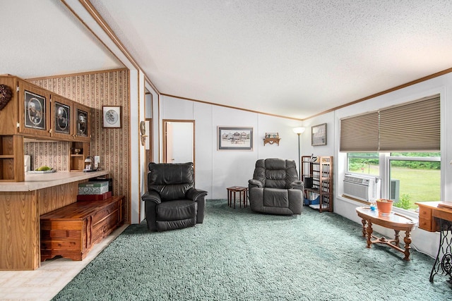 6691 Boone Ln, Vanderbilt, MI 49795 - carpeted living area featuring lofted ceiling, a textured ceiling, ornamental molding, and cooling unit