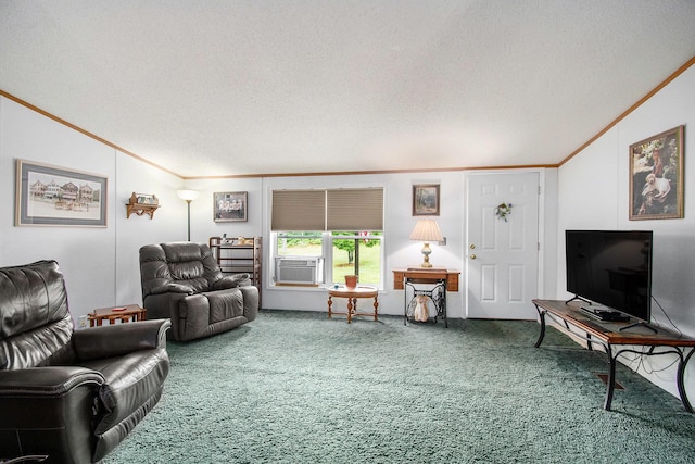6691 Boone Ln, Vanderbilt, MI 49795 - living area with crown molding, a textured ceiling, carpet, vaulted ceiling, and cooling unit