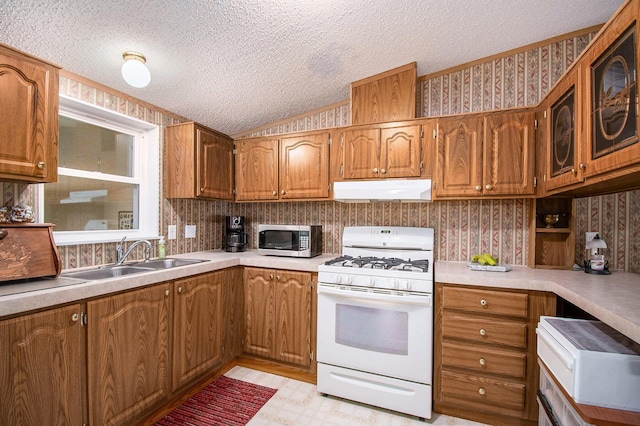 6691 Boone Ln, Vanderbilt, MI 49795 - kitchen with white range with gas cooktop, under cabinet range hood, stainless steel microwave, a textured ceiling, and light flooring