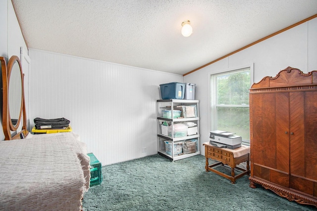 6691 Boone Ln, Vanderbilt, MI 49795 - bedroom featuring lofted ceiling, carpet, a textured ceiling, and ornamental molding
