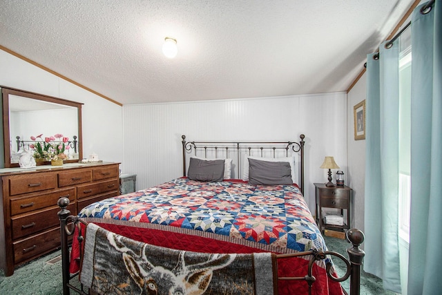 6691 Boone Ln, Vanderbilt, MI 49795 - bedroom with carpet, lofted ceiling, a textured ceiling, multiple windows, and ornamental molding