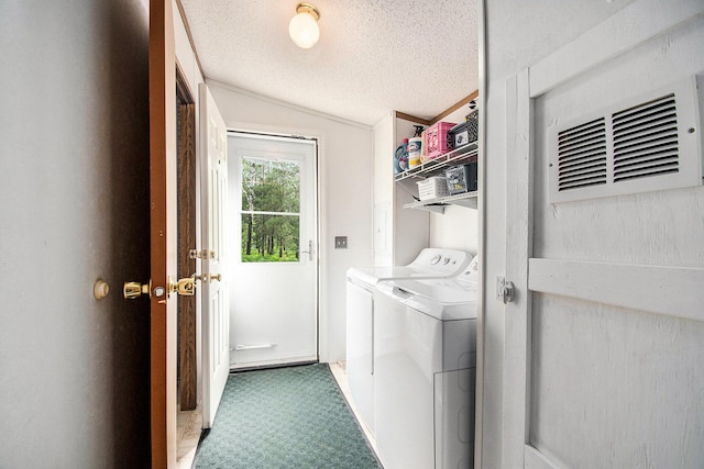 6691 Boone Ln, Vanderbilt, MI 49795 - laundry room with washing machine and dryer, carpet, and a textured ceiling