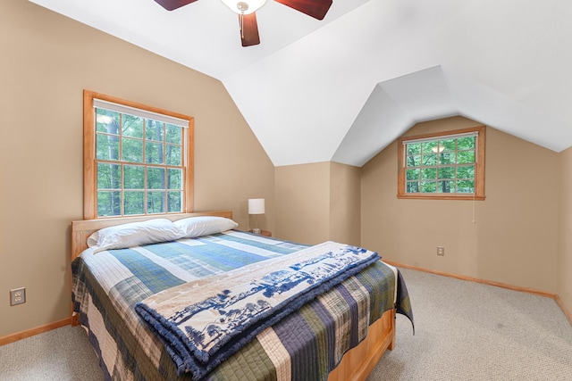 120 Clyde St, Roscommon, MI 48653 - bedroom with carpet, a ceiling fan, and lofted ceiling