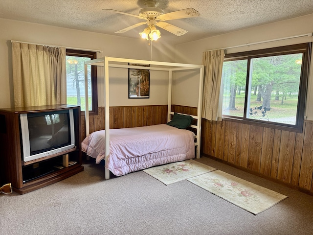 36 S Mcmasters Bridge Rd, Grayling, MI 49738 - carpeted bedroom with wood walls, a textured ceiling, wainscoting, a ceiling fan, and a closet