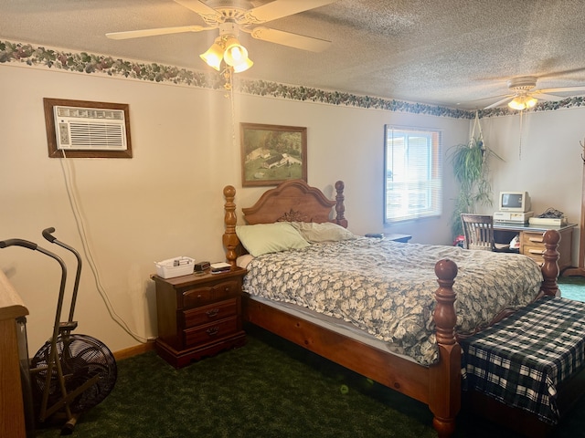 36 S Mcmasters Bridge Rd, Grayling, MI 49738 - bedroom featuring dark carpet, a textured ceiling, a wall mounted AC, and a ceiling fan