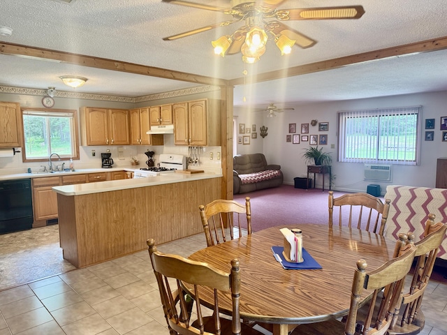 36 S Mcmasters Bridge Rd, Grayling, MI 49738 - dining room featuring a ceiling fan, a textured ceiling, light tile patterned floors, and beamed ceiling