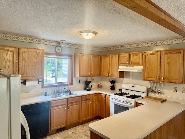 36 S Mcmasters Bridge Rd, Grayling, MI 49738 - kitchen featuring white range with gas cooktop, under cabinet range hood, dishwasher, a textured ceiling, and light countertops