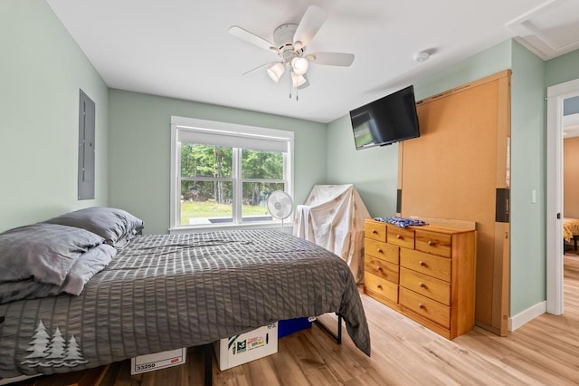 4620 Pinewood Dr, Lewiston, MI 49756 - bedroom featuring electric panel, light wood-type flooring, and a ceiling fan