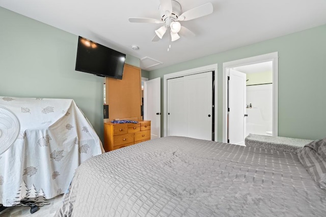 4620 Pinewood Dr, Lewiston, MI 49756 - bedroom with a closet, ensuite bathroom, and a ceiling fan