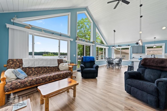 4620 Pinewood Dr, Lewiston, MI 49756 - living room with ceiling fan, plenty of natural light, high vaulted ceiling, light wood-type flooring, and wooden ceiling