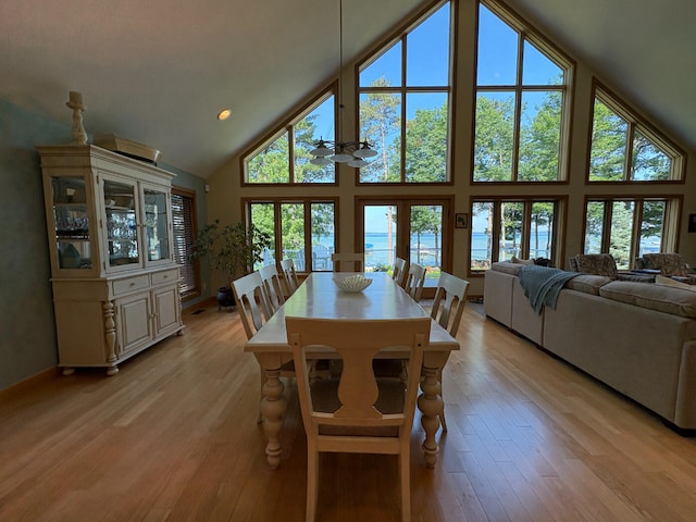 169 Pine Bluffs Rd, Roscommon, MI 48653 - dining space featuring high vaulted ceiling, plenty of natural light, and light wood-style flooring
