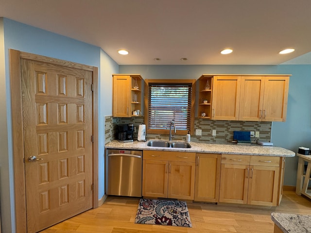 169 Pine Bluffs Rd, Roscommon, MI 48653 - kitchen featuring stainless steel dishwasher, open shelves, backsplash, light wood-type flooring, and light stone counters
