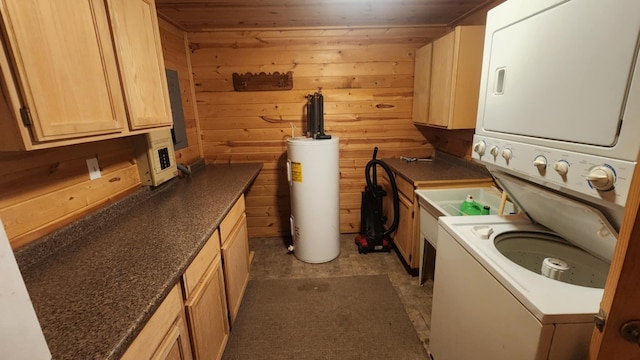 1025 Lake Side Trl, Barton City, MI 48705 - washroom with stacked washer and clothes dryer, water heater, wood walls, and wooden ceiling