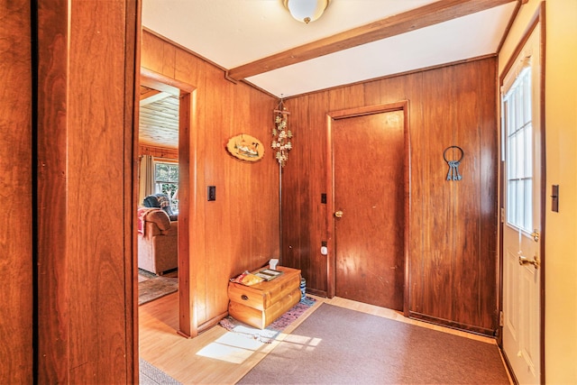 5699 N Red Oak Rd, Lewiston, MI 49756 - entrance foyer with wooden walls and beamed ceiling