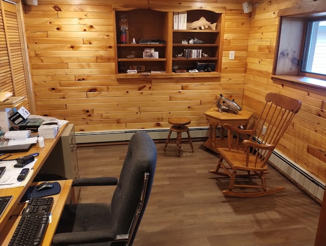 19241 Pine Tree Ct, Hillman, MI 49746 - home office featuring wood walls, a baseboard heating unit, and wood finished floors