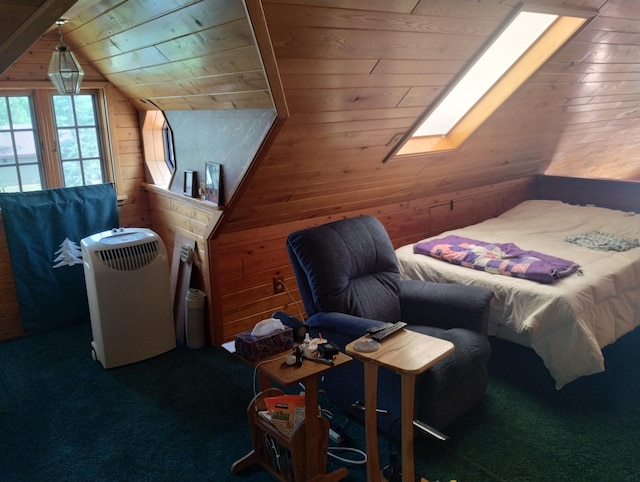 19241 Pine Tree Ct, Hillman, MI 49746 - bedroom with wood walls, vaulted ceiling, wood ceiling, carpet floors, and a skylight