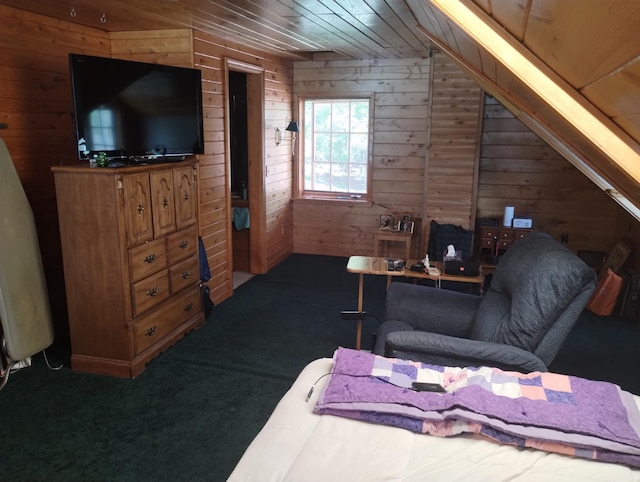 19241 Pine Tree Ct, Hillman, MI 49746 - bedroom with wooden walls, wood ceiling, carpet, and vaulted ceiling