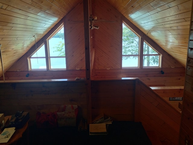 19241 Pine Tree Ct, Hillman, MI 49746 - bonus room featuring wood ceiling, wood walls, lofted ceiling, and plenty of natural light