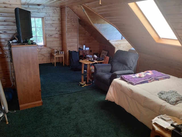 19241 Pine Tree Ct, Hillman, MI 49746 - bedroom featuring carpet, wooden walls, a skylight, lofted ceiling, and wooden ceiling