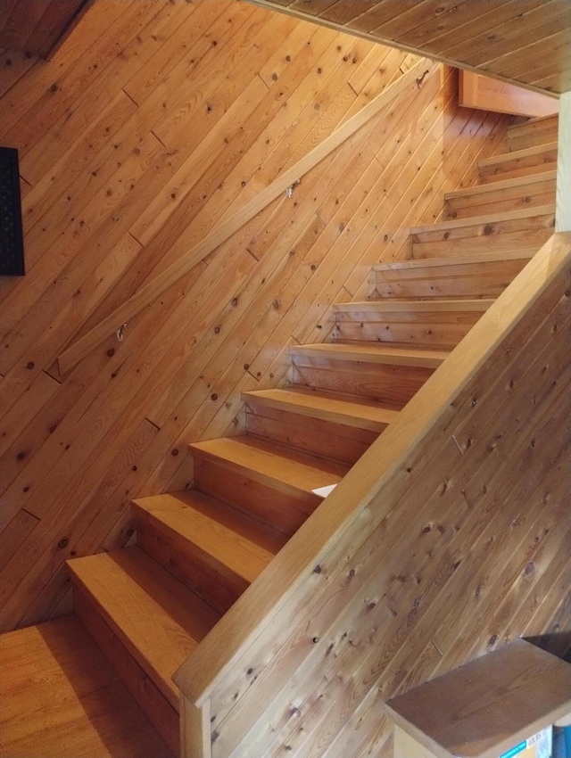 19241 Pine Tree Ct, Hillman, MI 49746 - staircase with a sauna / steam room and wood ceiling