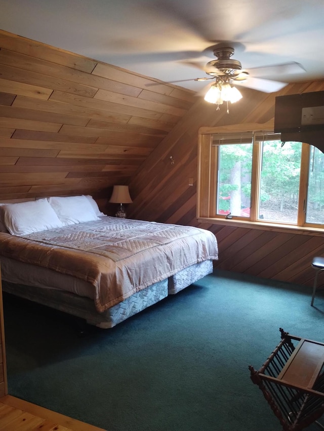 19241 Pine Tree Ct, Hillman, MI 49746 - bedroom featuring lofted ceiling, carpet flooring, and a ceiling fan