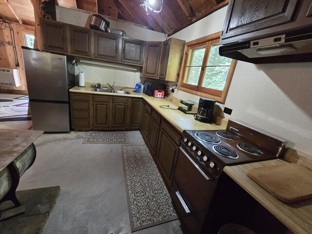 1987 N Galbraith Rd, Mio, MI 48647 - kitchen with freestanding refrigerator, black range with electric stovetop, finished concrete floors, wooden ceiling, and light countertops