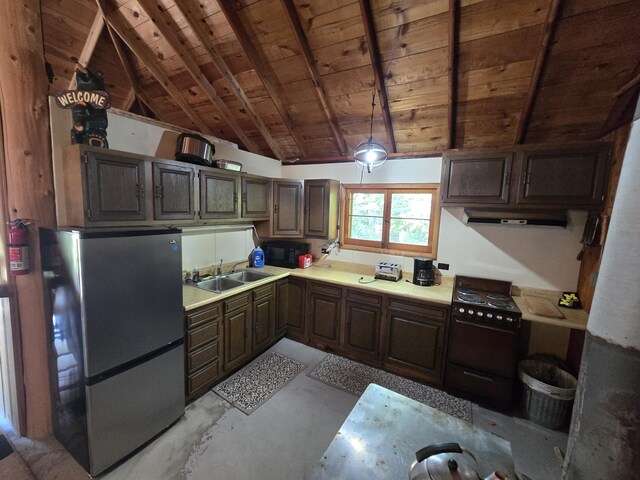 1987 N Galbraith Rd, Mio, MI 48647 - kitchen with black appliances, wooden ceiling, concrete floors, extractor fan, and light countertops
