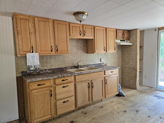 8361 Brookfield Dr, Elmira, MI 49730 - kitchen featuring dark countertops, decorative backsplash, and under cabinet range hood