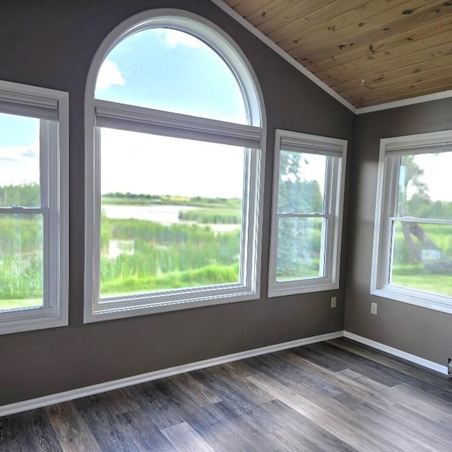 176 Long Rapids Rd, Alpena, MI 49707 - spare room with lofted ceiling, crown molding, wood finished floors, and wooden ceiling