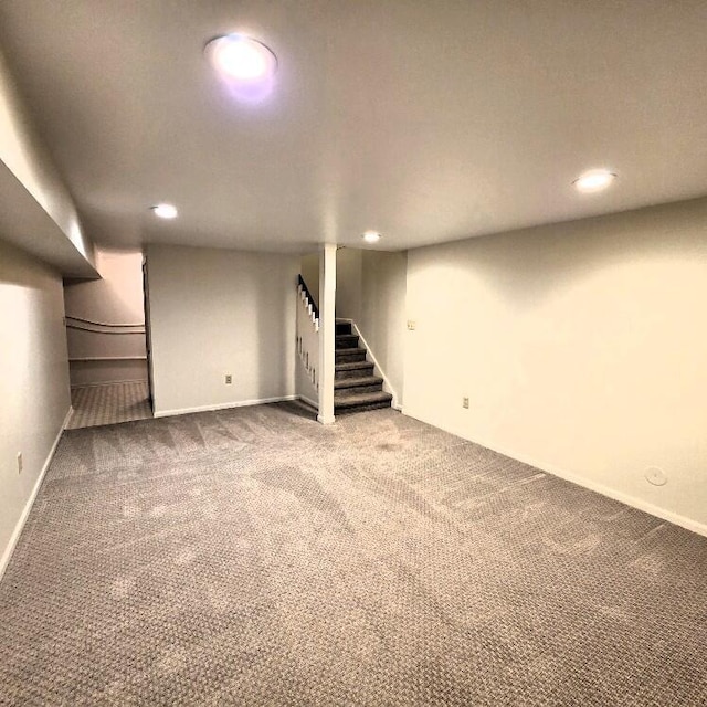 176 Long Rapids Rd, Alpena, MI 49707 - finished below grade area with recessed lighting, carpet floors, and stairs