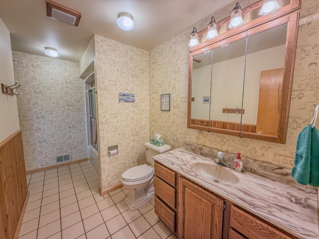 11920 W Shore Dr, Houghton Lake, MI 48629 - bathroom with tile patterned floors, vanity, shower / bath combination with glass door, and wallpapered walls