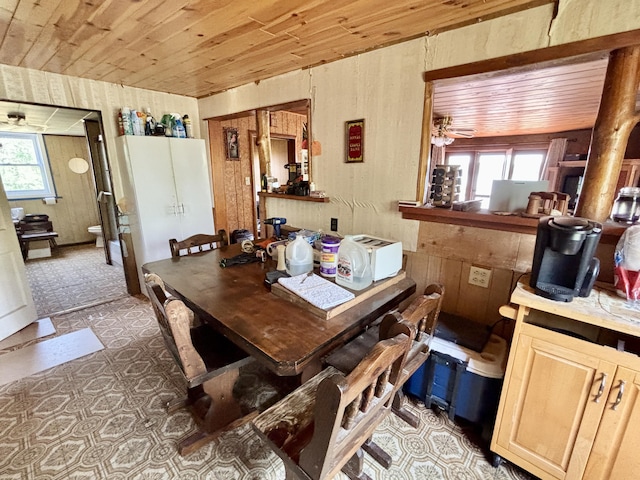 1950 Highbank Trl, Lewiston, MI 49756 - dining room featuring wooden ceiling, wood walls, healthy amount of natural light, and light floors