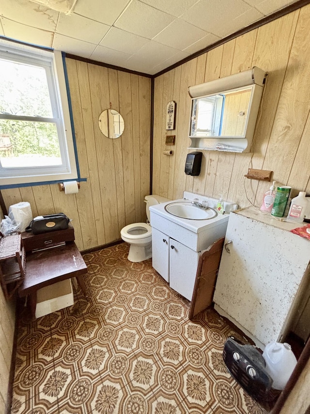 1950 Highbank Trl, Lewiston, MI 49756 - half bathroom with wood walls, vanity, plenty of natural light, and tile patterned floors