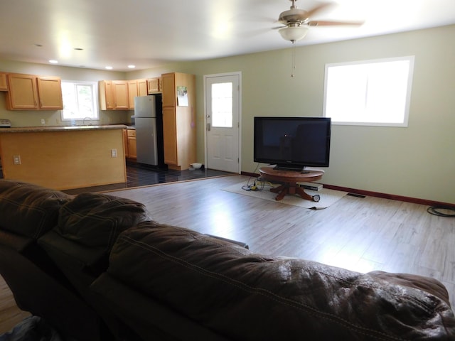 4616 Martin Dr, Frederic, MI 49733 - living room with plenty of natural light, dark wood-type flooring, a ceiling fan, and recessed lighting