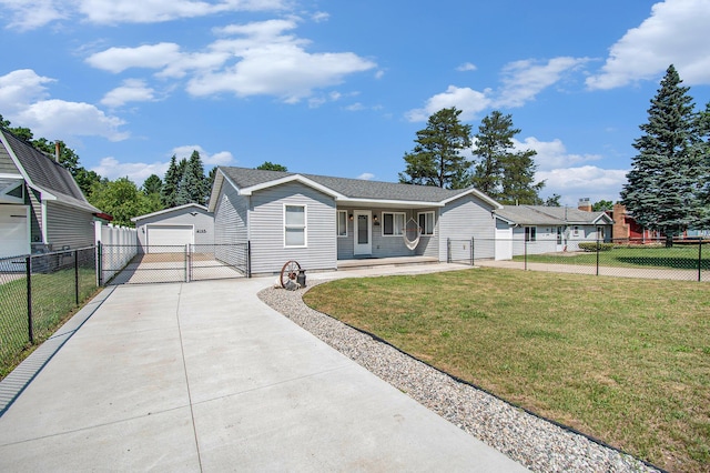 2145 Mustang St, Saint Helen, MI 48656 - ranch-style home with driveway, a gate, a detached garage, an outdoor structure, and a porch