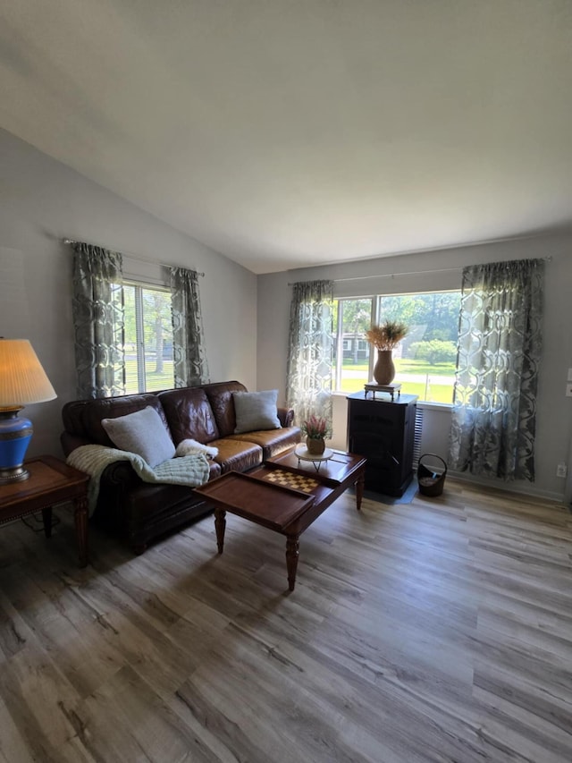 506 S N St, Alpena, MI 49707 - living area with wood finished floors and vaulted ceiling
