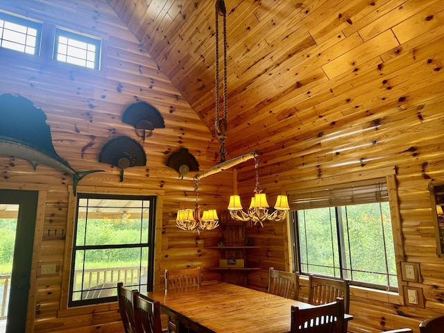 5283 Griffin Rd, Lewiston, MI 49756 - dining room with a chandelier, high vaulted ceiling, wooden ceiling, and plenty of natural light