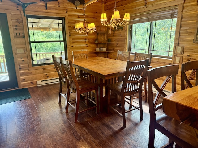 5283 Griffin Rd, Lewiston, MI 49756 - dining area with a chandelier, dark wood-type flooring, baseboard heating, and log walls