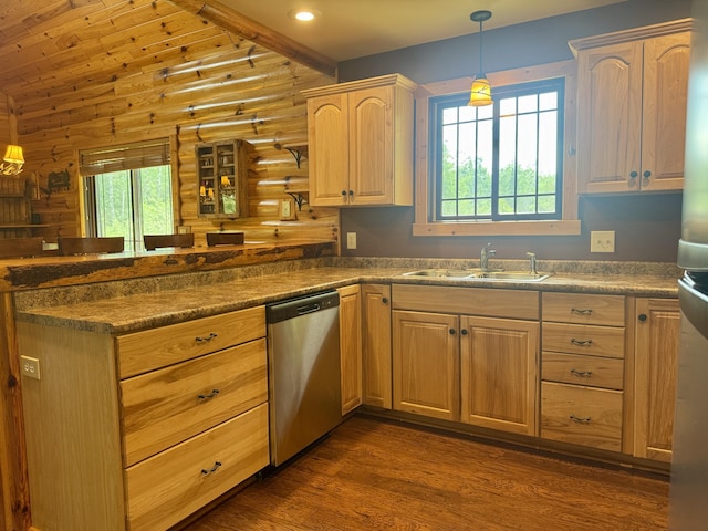 5283 Griffin Rd, Lewiston, MI 49756 - kitchen featuring dishwasher, a peninsula, dark wood-style flooring, decorative light fixtures, and dark countertops