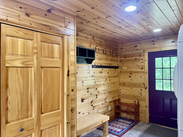 5283 Griffin Rd, Lewiston, MI 49756 - mudroom with wooden ceiling, wooden walls, a sauna, and recessed lighting