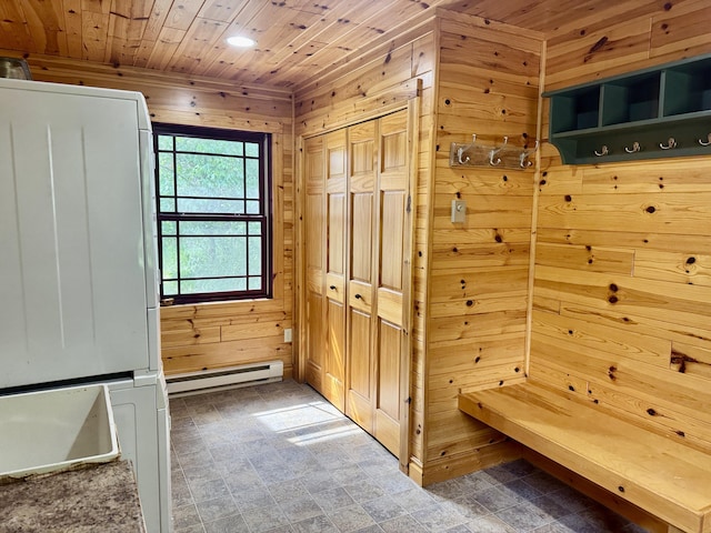 5283 Griffin Rd, Lewiston, MI 49756 - mudroom featuring wood walls, wood ceiling, a baseboard heating unit, and recessed lighting